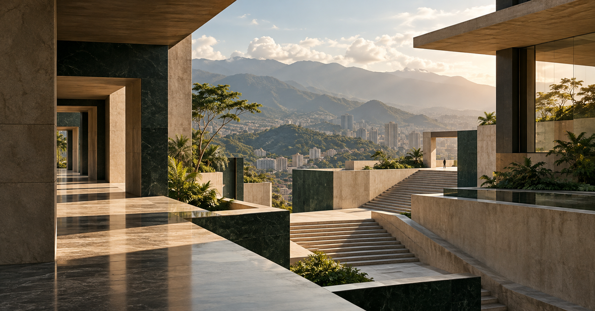 Composición editorial abstracta sobre entrada al mercado venezolano y arquitectura corporativa